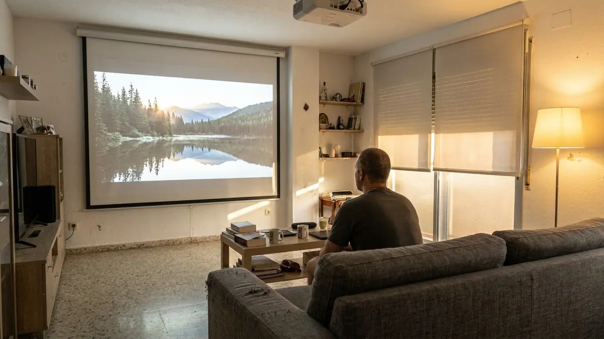 El mismo salón con luz de tarde y una lámpara encendida: la imagen se ve más pálida (foto generada con IA)